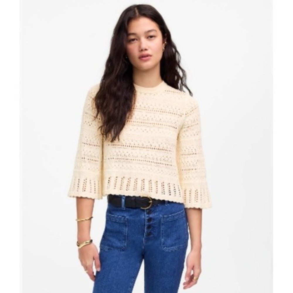 Madewell Sweater Womens Large Sand‎ Beige Cotton Blend Knit Bell Sleeve NU548